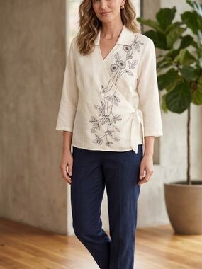Selene Sport Womens L Ivory Wrap Top Blouse Floral Embroidery Textured Boho